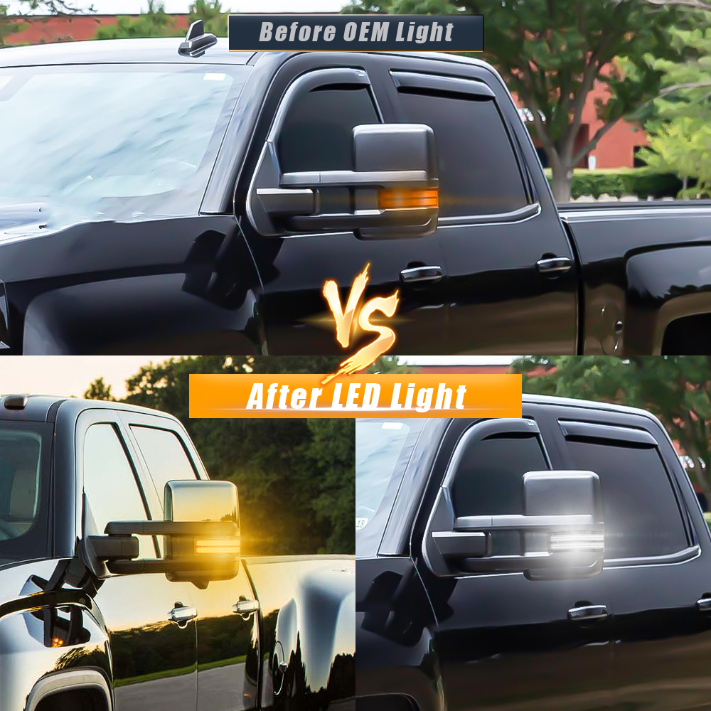 Side-by-side comparison of a factory OEM light versus a GEMPRO LED upgrade on the same truck mirror